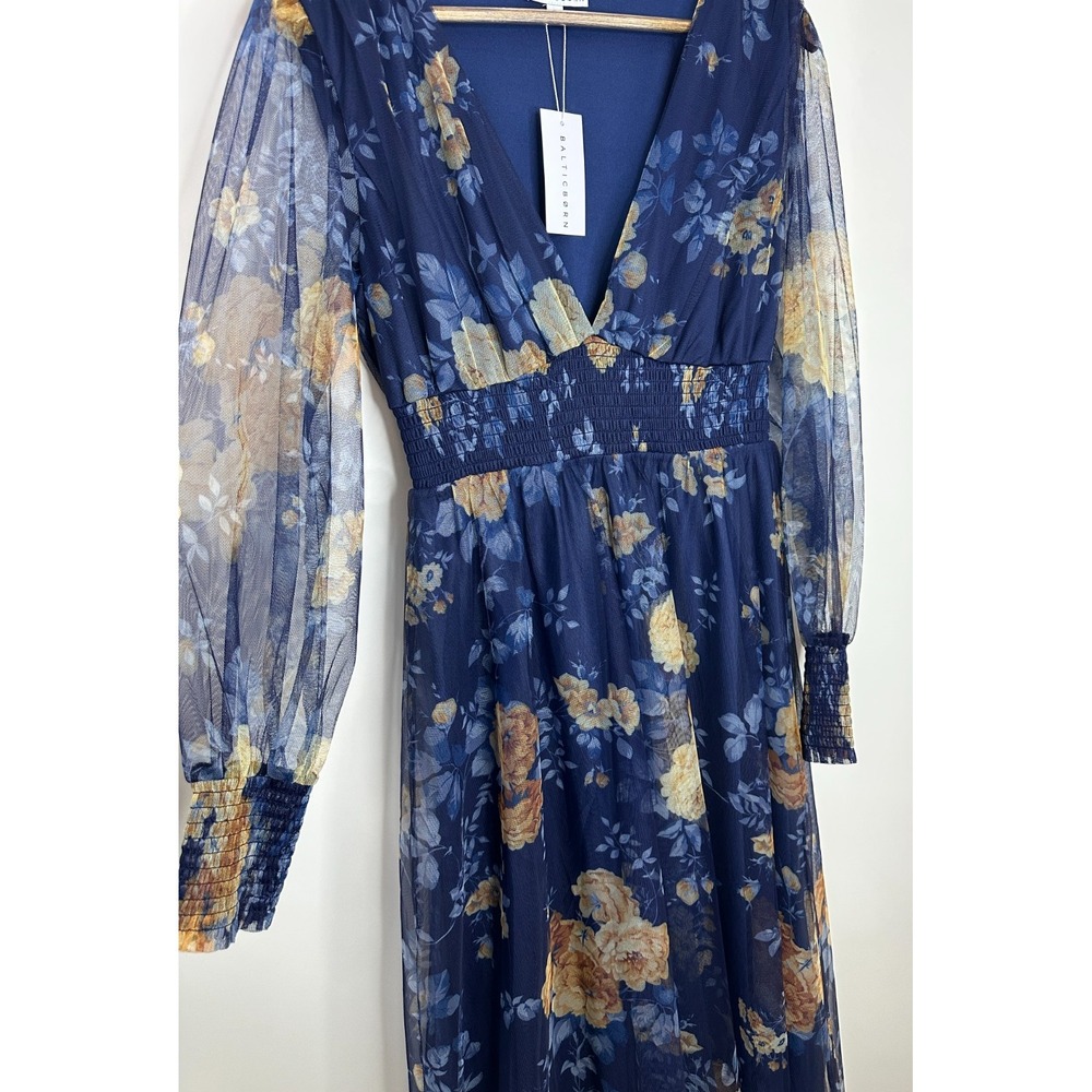 NEW Baltic Born Layla Tulle Maxi Dress Blue Golden Floral V-Neck Smocked Large - Picture 5 of 16